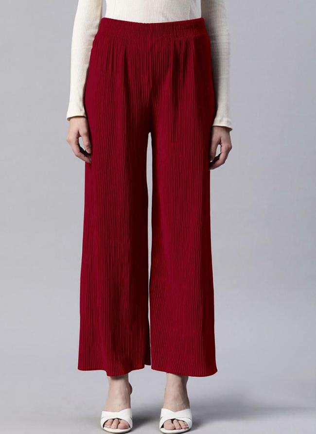 Lycra Maroon Casual Wear Pleated Readymade Plazzo